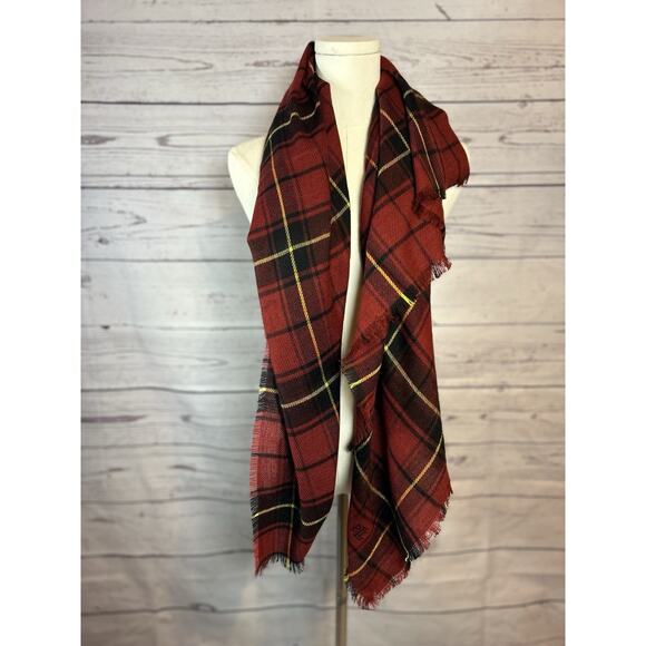 Lauren Ralph Lauren Black Label Plaid Fringe Scarf NWT Red Black Yellow 44x46 - Picture 2 of 8